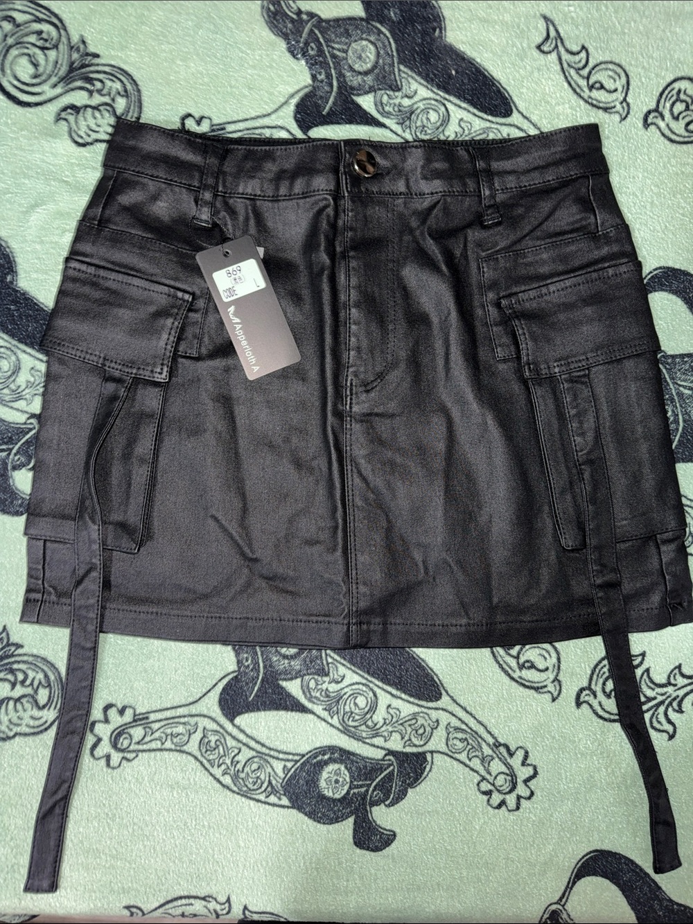 NWT Black Faux Leather Cargo Mini Skirt LARGE